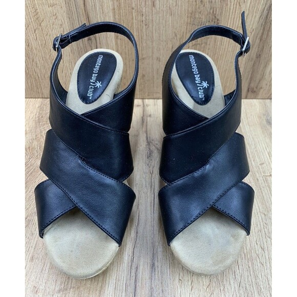 Montego Bay Club Strap back Wedges Women's Size 9 Black Faux Crisscross Open Toe - Picture 4 of 16